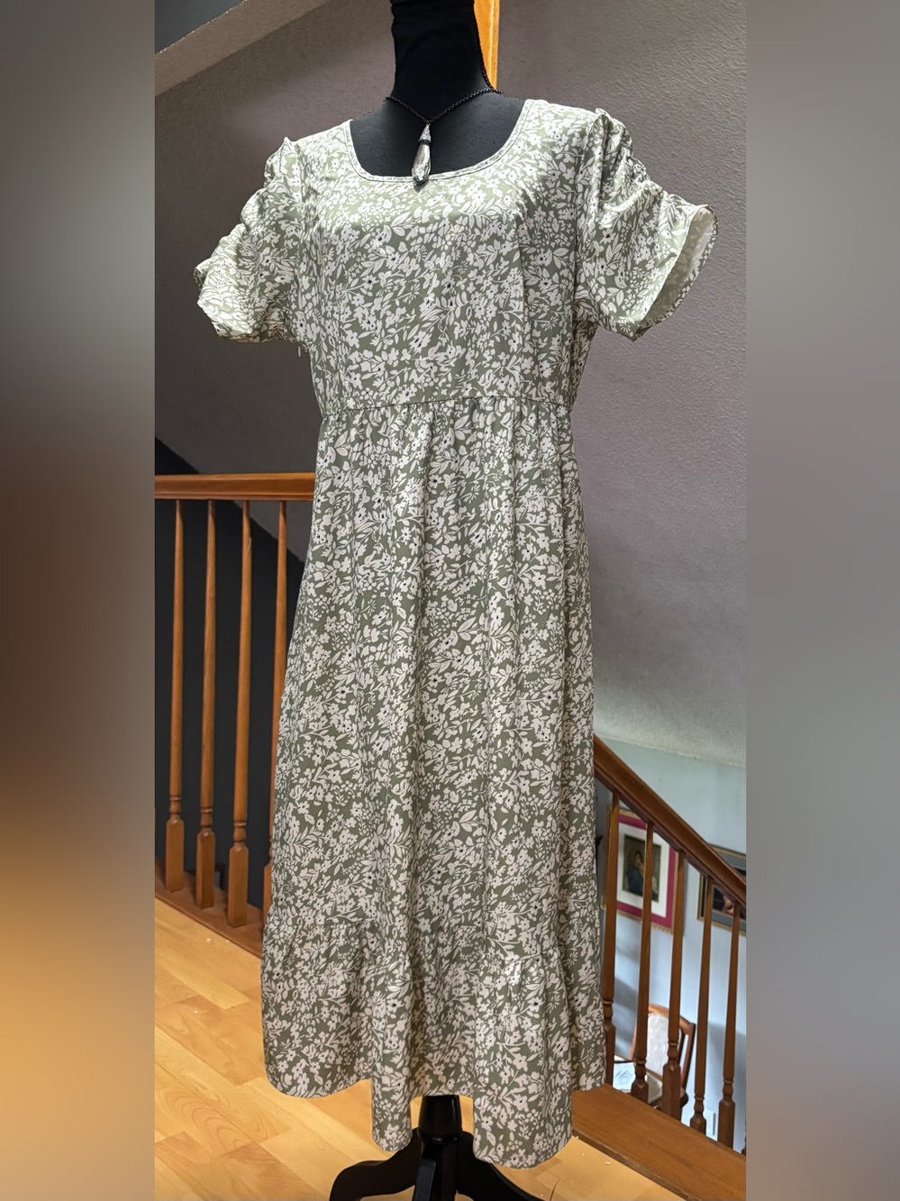Women’s sage green tiny-floral print Midi high-waisted Dress